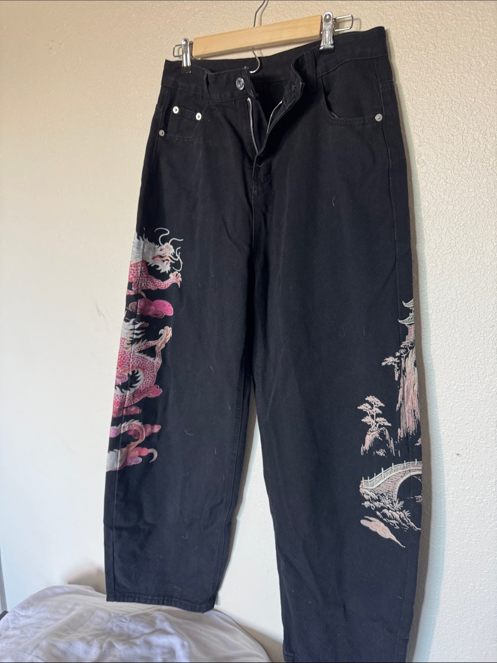 Mystic Black Cargo Pants with Pink Dragon Embroidery